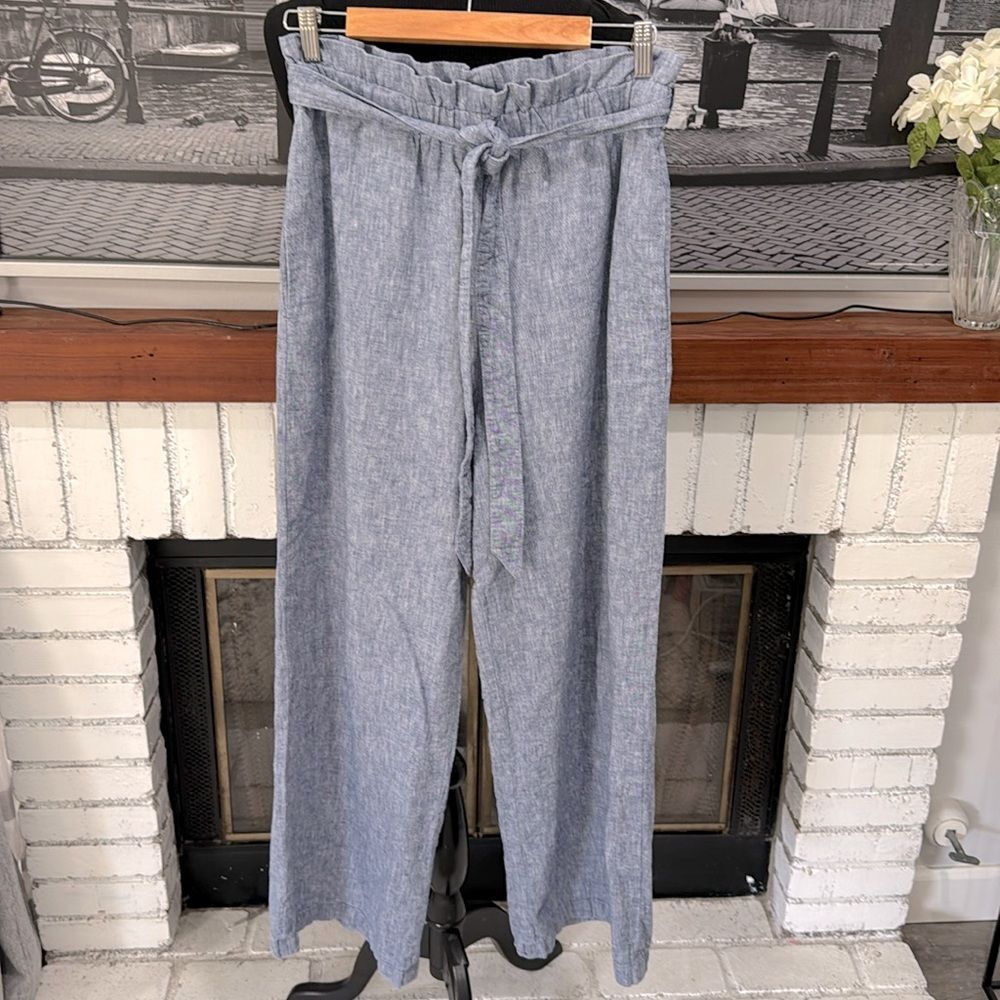 Express Women High Rise Linen Cotton Blend Pants Blue Long Wide Leg Medium